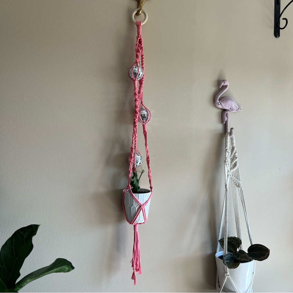 Pink Plant Hanger with Disco Balls